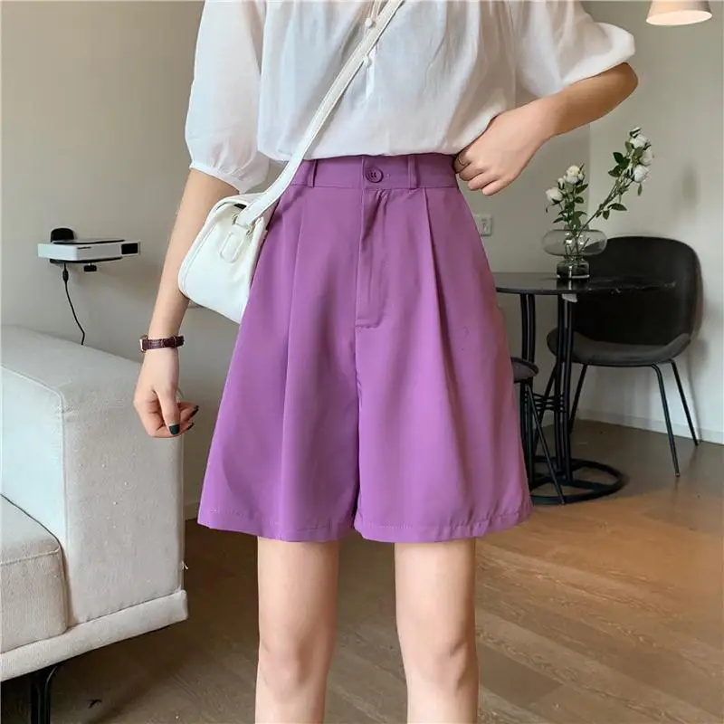 Krátky obleky pre dámske letné vonkajšie nosenie 2025 Nové s vysokým pásom s chudobným šírkou šírky A-line Loose Loose Purple Mid Pants Trendy