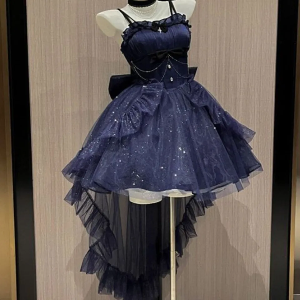 Krátky predný a dlhý chrbát Elegantné šaty jemný blesk Lolita Heavy Priemysel Super Fairy Sling Fluffy For Women Summer