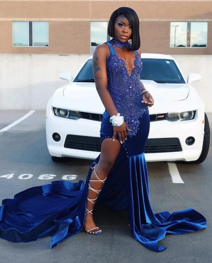 Kráľ modrý africký ples pre ženy iskrivý krištáľový korálkový štrbina Velvet čierne dievča narodeniny celebrity gala