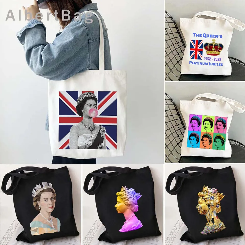 Kráľovná Alžbeta II portrét Canvas Ramele Opätovne použiteľná taška Anglicko Vlajka British Harajuku Ženy nakupovanie nakupujú roztomilé kabelky