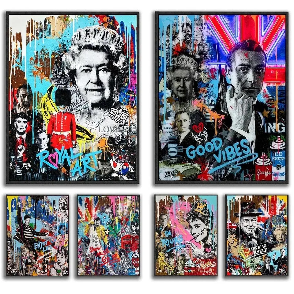 Kráľovná anglicky plagát Royal Wall Art Elizabeth Canvas Painting Pop graffiti slávne módne ženy výtlačky Picture Domáca dekorácia