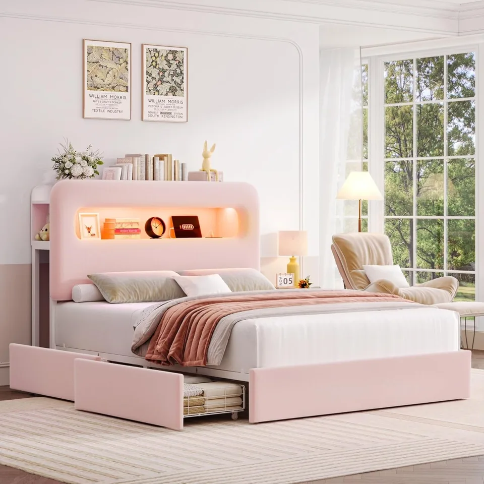 Kráľovná LED BedFrame s úložnou čelnou doskou a nabíjackou stanicou, s 2 drawers a USB porta