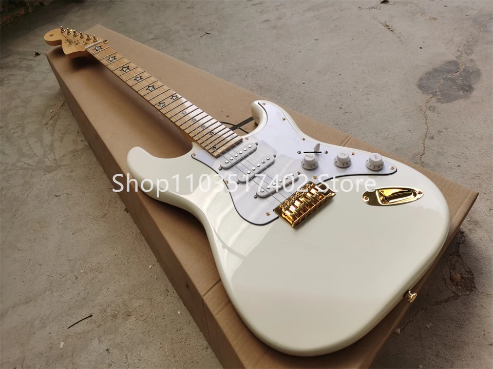 Krémová biela 6-strunová elektrická gitara, javorový hmatník s hviezdami, zlatý hardvér