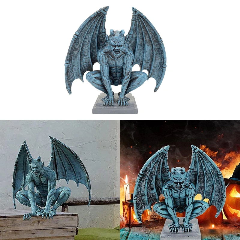 Krídľová socha kamennej sochy, ktorá sedí na vonkajšej terase s gotickou sochou záhradného strážcu Demon Resin