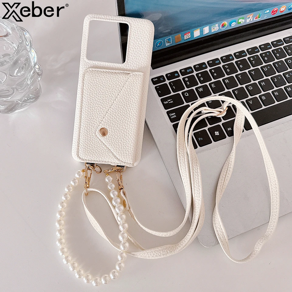 Krížový náhrdelník remienok Pearl náramok s reťazovým puzdrom pre Xiaomi 13 14 Pro 14ultra 13Pro Wallet Card Držiteľ kožený kryt