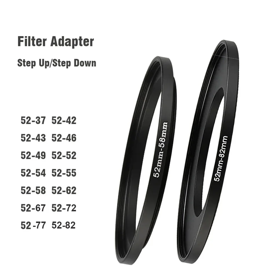 Krúžkový adaptér s filtrom fotoaparátu Krok nahor / nadol kovový kov 52 mm - 43 46 49 55 58 62 67 72 77 82 mm pre UV nd Cpl Hood atď.