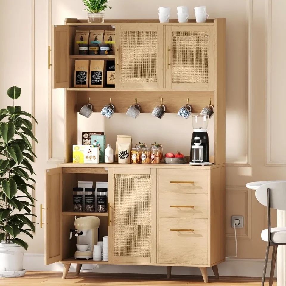 Kuchynská špajza s mikrovlnnou poličkou, kabinetom Rattan Kitchen Hutch s nabíjacou stanicou