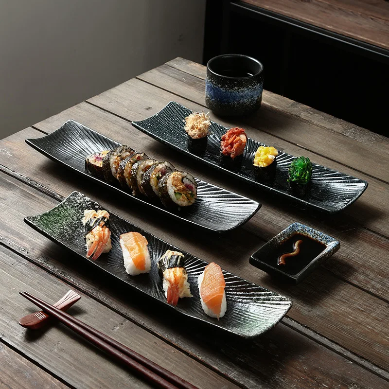 kuchyňa kreatívne obdĺžnikové sushi tanier sashimi tanier studená miska japonský keramický tanier retro retro reštaurácia Strip tanier