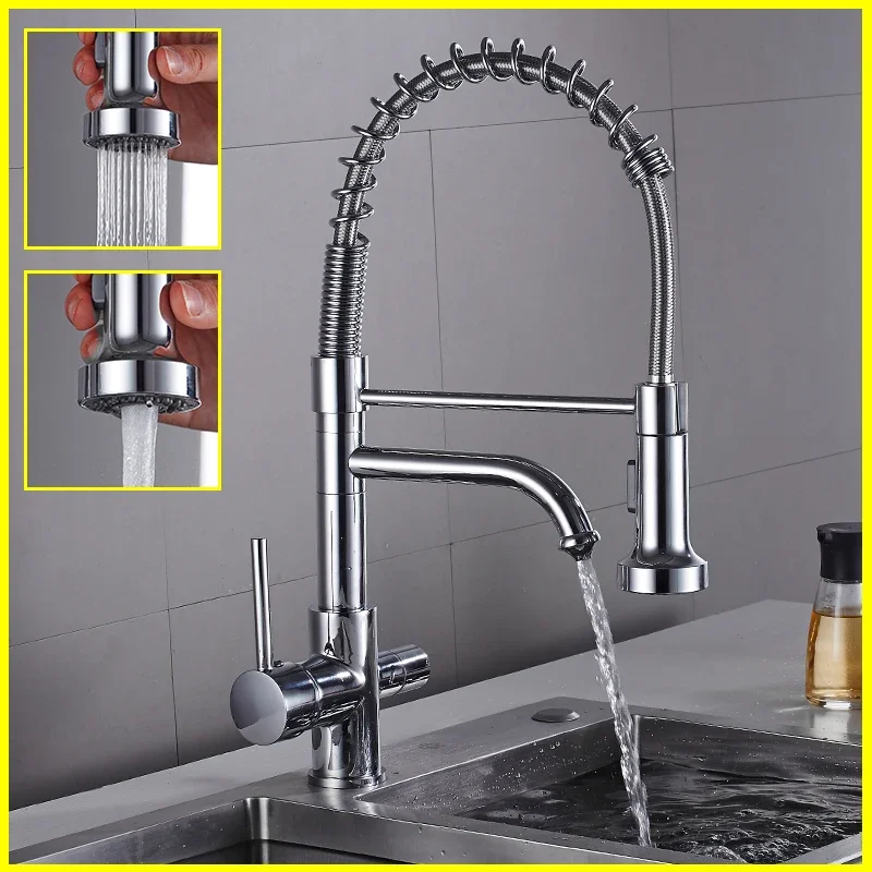 Kuchyňa čistá voda filter faucet 3 -Cest umývadlo Mosader mosadz vytiahnutie jarného kuchynského umývadla faucet filtračný adaptér čistenie kohútika