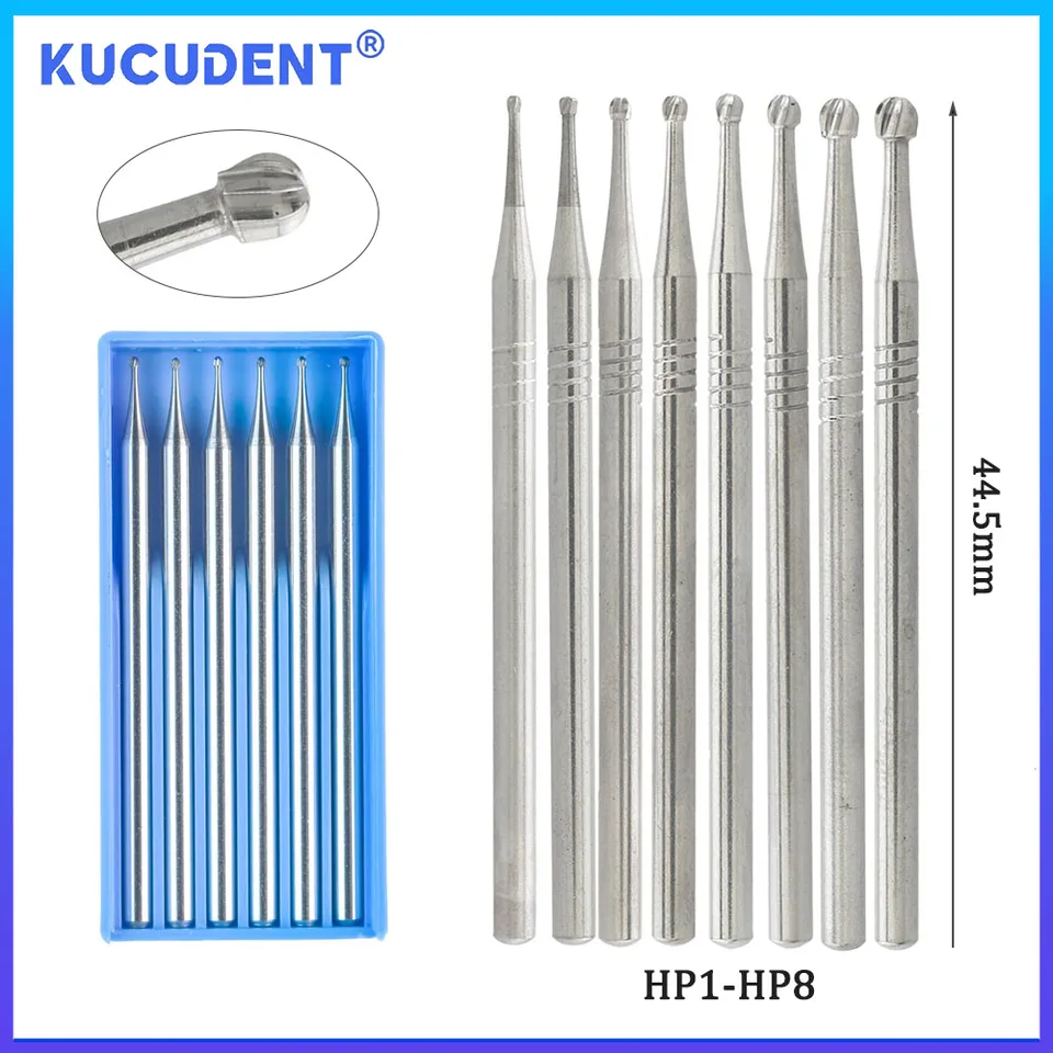 Kucudent 6 ks zubný volfrámový karbid bur round hp séria HP Series Bit Cutter stopka 2,35 mm pre nízku rýchlosť rovného násadca