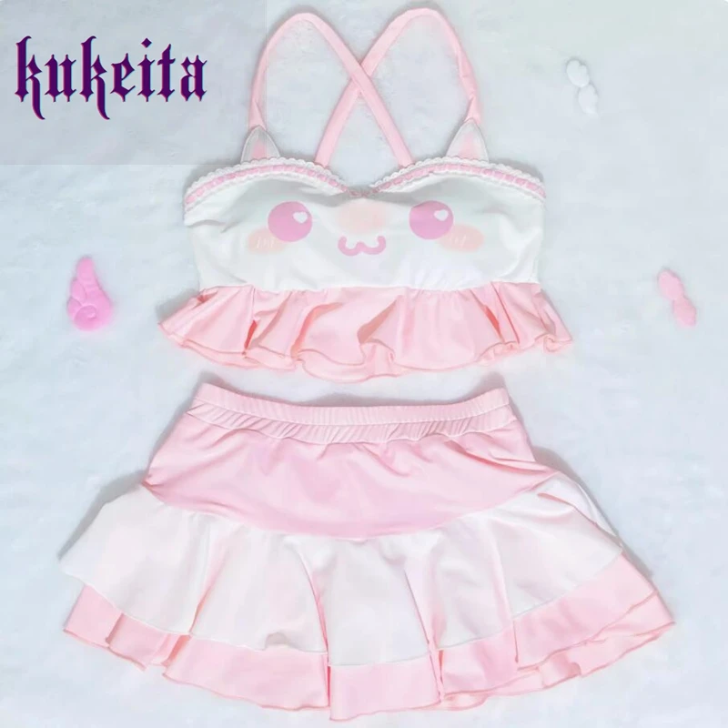 Kukeita Ženy Y2K Sladké bikiny set japonské kawaii tlačové rufje lolita plavky plodiny top+sukňa dvojdielne plážové oblečenie plaviek