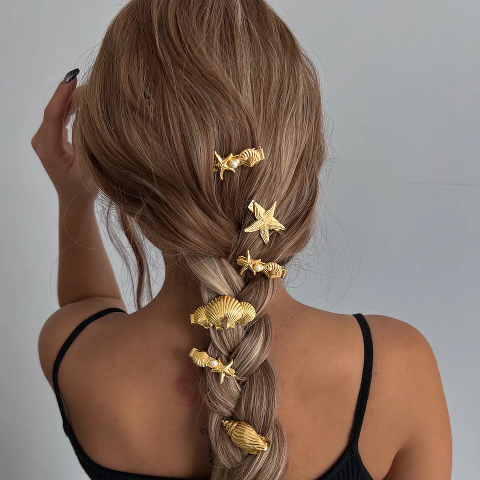 Kunjoe 14 štýly dizajn hviezdica Conch Heart Star Clip Clip Barrettes Dámsky temperament Zlato farebná kovová vlásenka