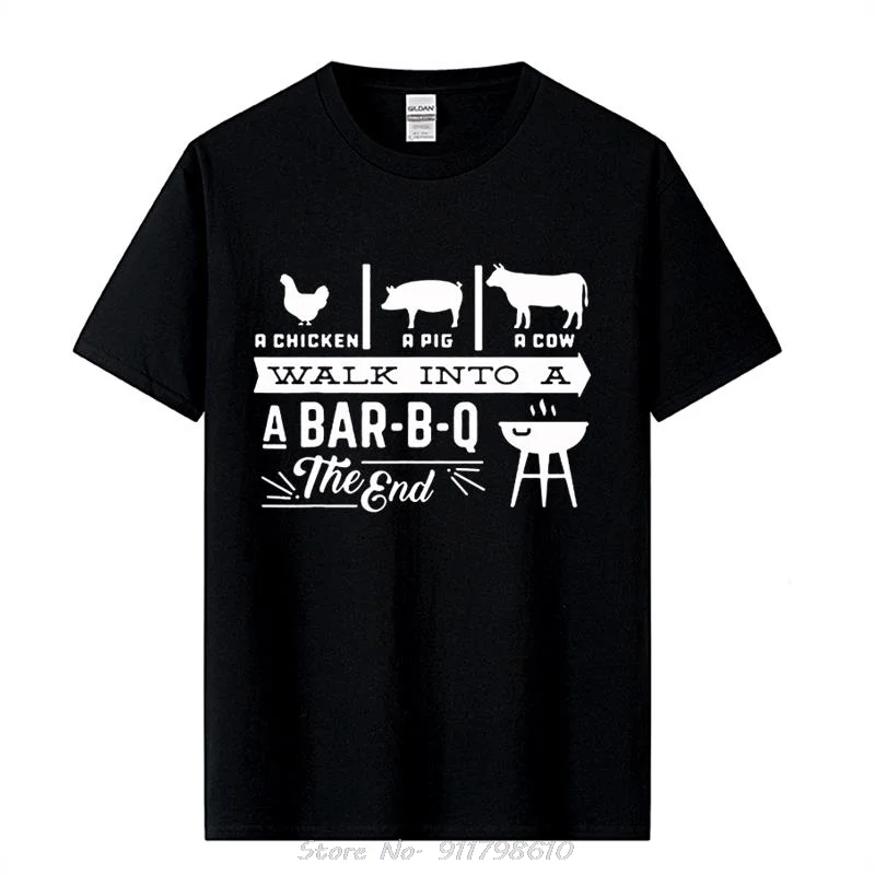 Kuracie ošípané kravy prechádzka do grilu BBQ vtipné tričká Men Summer Cotton Harajuku Krátky rukáv o krk Streetwear čierne tričko