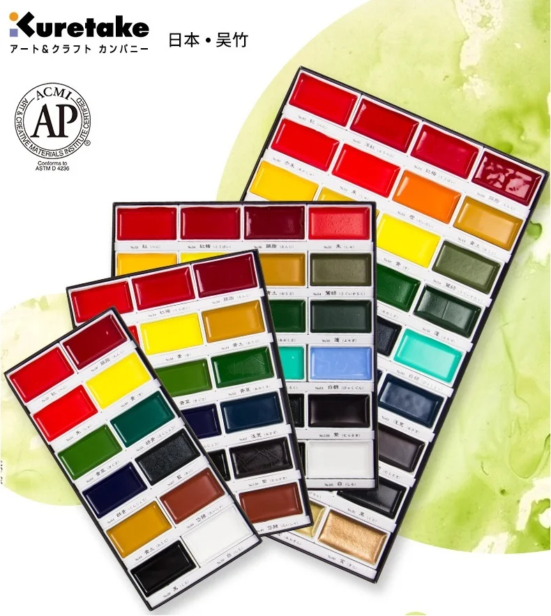 Kuretake 12/18/24/36 Farby Profesionálne pevné akvarely farby Art Pigment