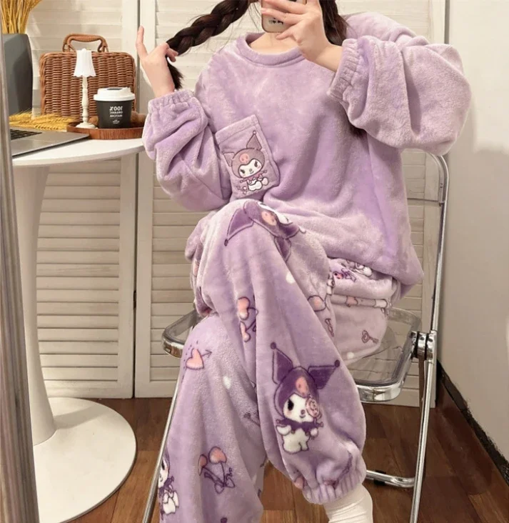 Kuromi 2ks karikatúra plyšové pyžamy oblek anime kawaii hellokittys Pochacco Zimné roztomilé ženy zahusťované domáce oblečenie mäkké dievčatá