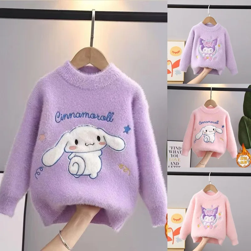 Kuromi Cinnamoroll pletený sveter okrúhly krk spodný sveter plyšový kawaii západný štýl jeseň/zimná mäkká deť