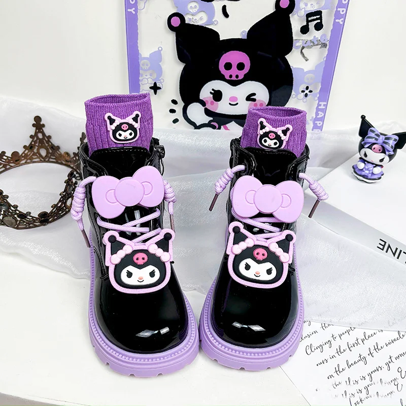 Kuromi Girl Winter Plus Velvet kožené topánky Sanrios Child Oholok Cotton Boots Fashion Paint Gloss Princess Boots Cotton Boots