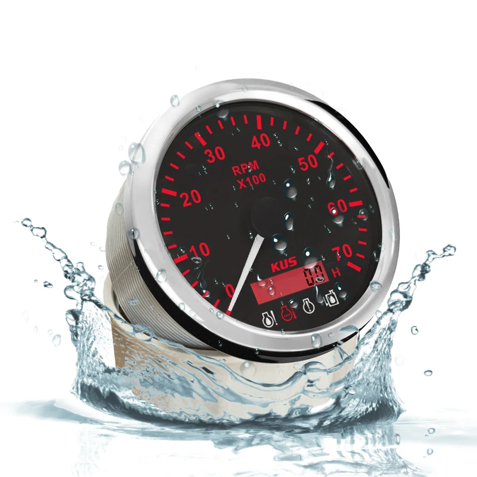 KUS New Universal 85mm Tachometer 0-7000 ot / min s hodinovým metrom a 4-LED Alarm Red BUSLIGHT pre jachtu lodí s 12 VDC