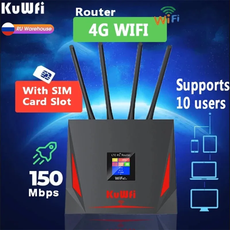 Kuwfi 4G LTE Router 150 Mbps Wireless WiFi Mobile Hotspot s RJ45 Wan LAN Port FDD TDD so slotom SIM Card 4 High Gain Antény