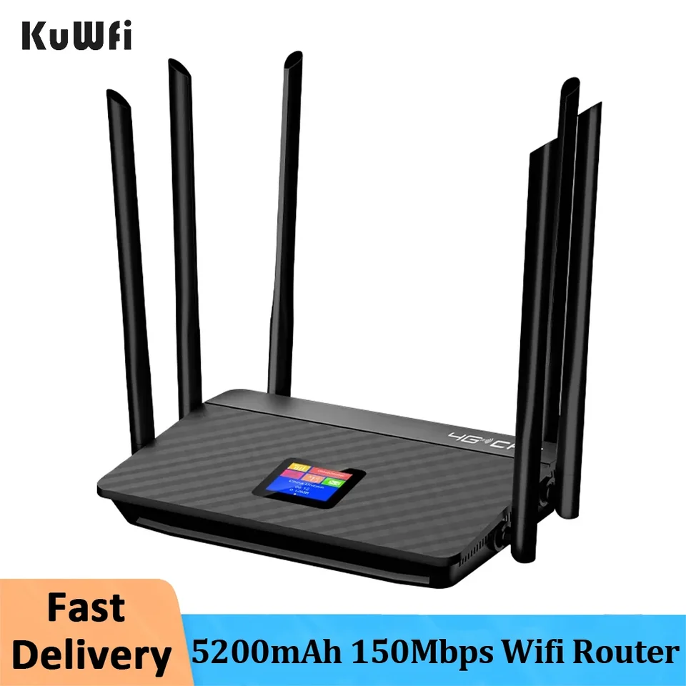 Kuwfi 5200MAH 4G CPE Router LTE WiFi Router High Gain 6ks Externé antény s LCD Display LAN Wan RJ45 s slotom SIM Card Slot