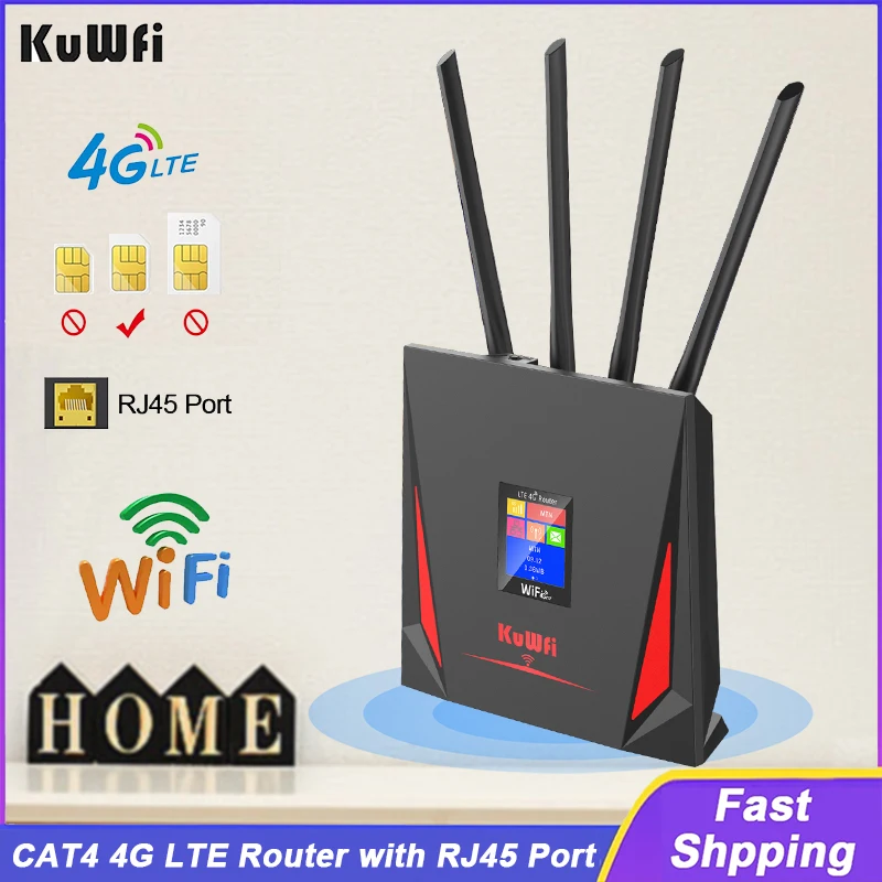 Kuwfi Cat4 4G Router 2,4 GHz WiFi Router Domov prenosný LTE Router s SIM Card Slot High Gain External Antenas RJ45 USB Port USB