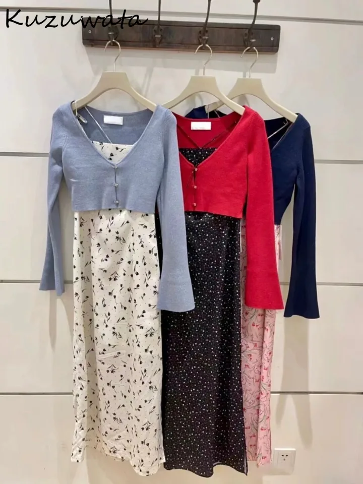 Kuzuwata Elegantná kvetinová tlač v strednej dĺžke Set Set Šaty+V krk dlhý rukáv s jedným dojčeným svetrom Japonsko Nový šifónový oblek rúcho
