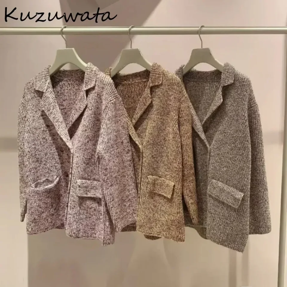 Kuzuwata Moda Turnwow Collar Sweet Loose Cardigan Lazy Knit Double Breast All-Match Jumper Japan Vintage Harajuku Sweaters