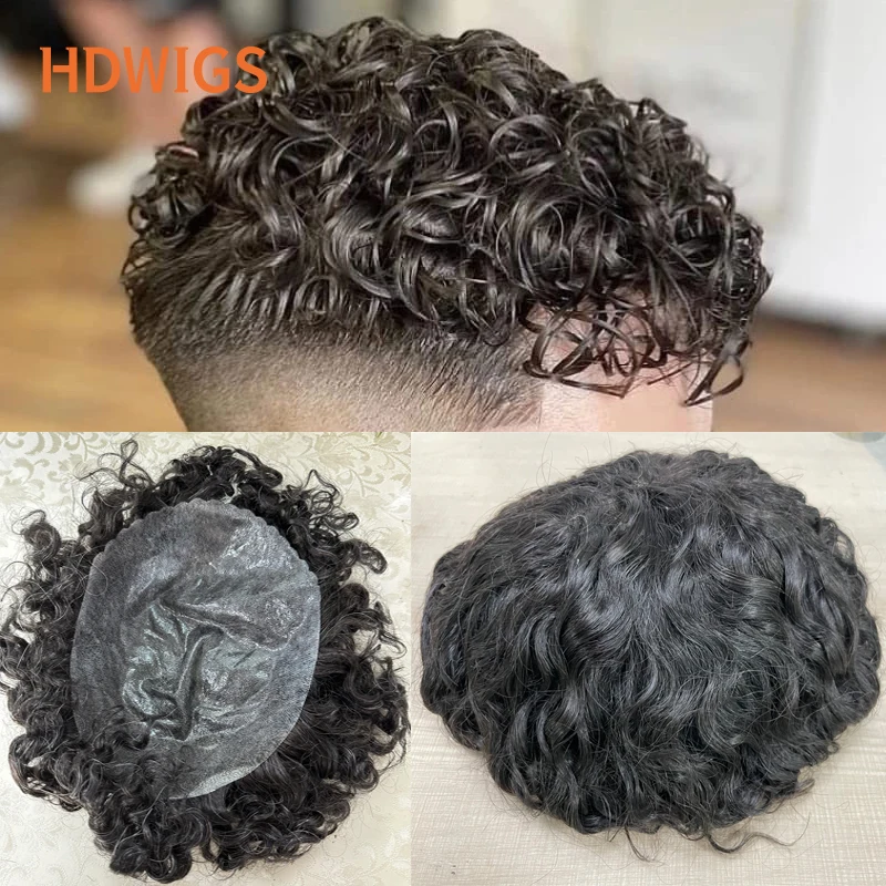 Kučeraví muži toupee plné PU 0,12-0.14 cm iskin s uzlami kapilárna protéza Indian ľudské vlasy parochňu Wave Wave Natural Eachester