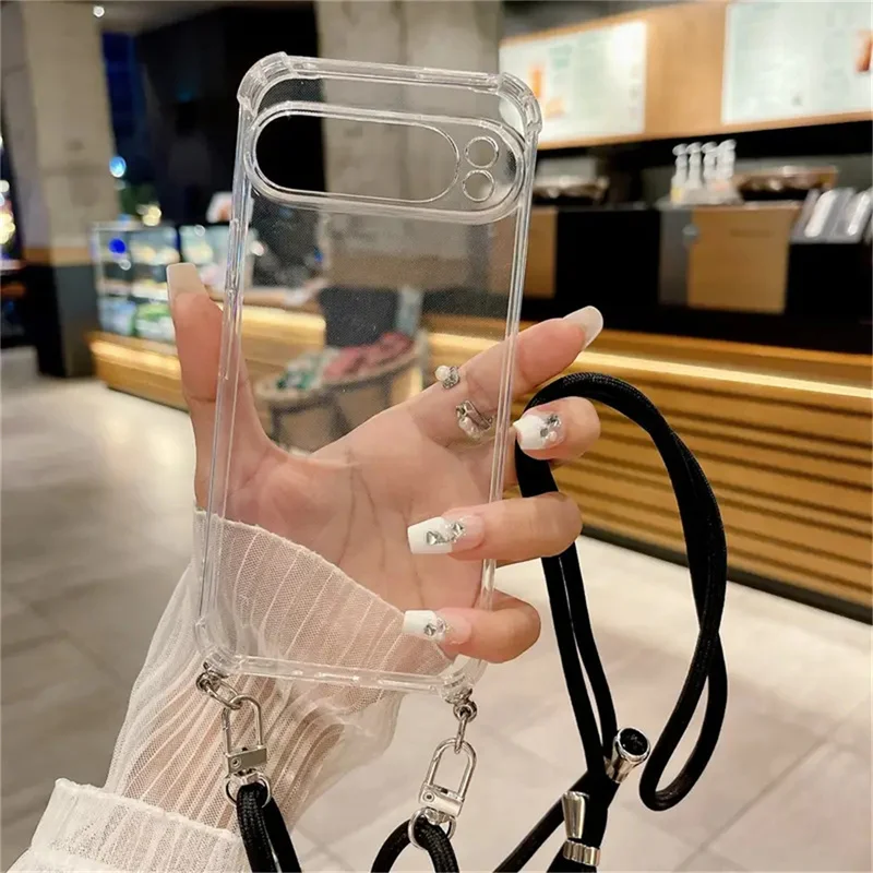 Kvalitný čistý puzdro pre telefón pre Google Pixel 9 Pro XL 8a Crossbody Náhrdelný šnúra Káva šnúry priehľadný nárazník mäkký obal