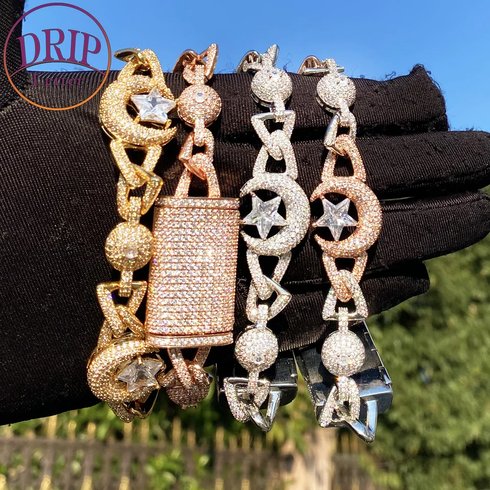 Kvapkanie Letter Iced out Moon Star Cuban Link náramok pre mužov skutočný medený kubický zirkónia hip hop šperky