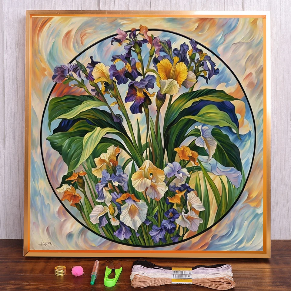 Kvetina Iris potlačená vo vode rozpustné plátno Cross Stitch Kit vyšíva