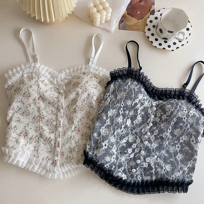 Kvetinová ma čipka Cami Crop Tops Tops letná camisole dámska trubica horná elegantná štíhle krátke tanky vesta sexy y2k
