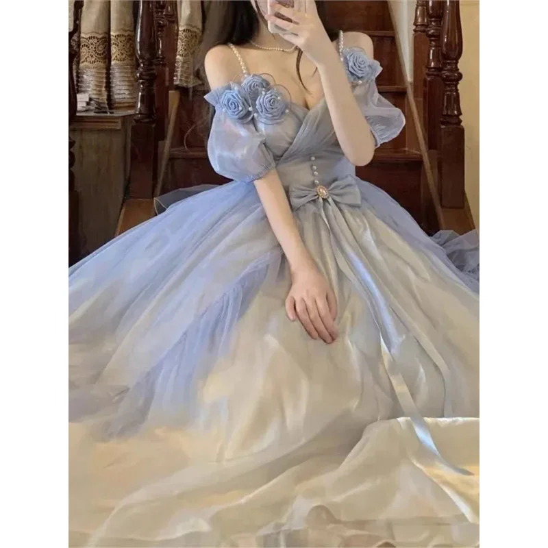 Kvetinová svadba lolita šaty ľahký gradient modrá ruža víla princezná kawaii sladké elegantné lolitasové čajové šaty viktoriánske