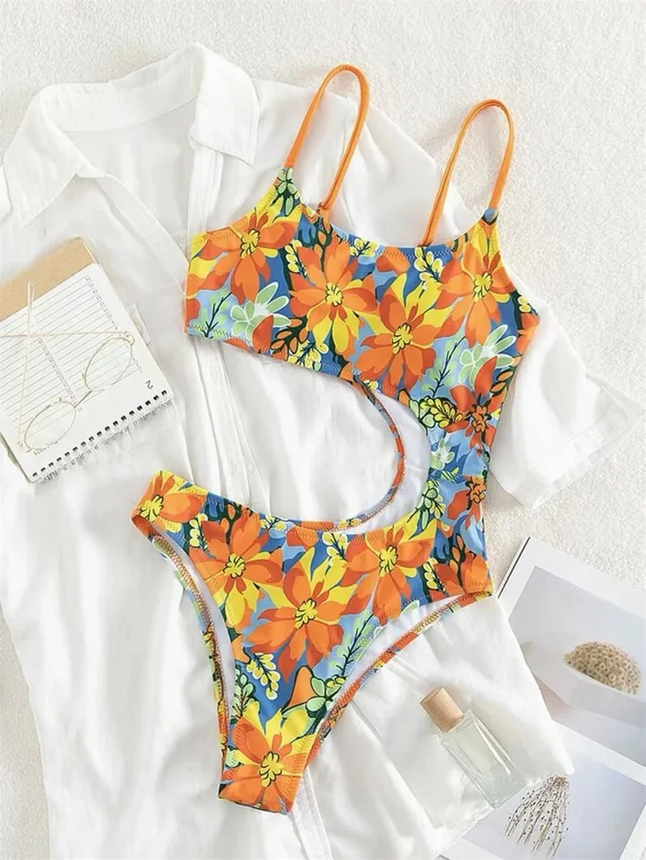 Kvetinové bikiny Sling Side Side High Cut Y2K Print Monokini dovolenka plavky Ženy Jednodielne tropické plážové plávanie plavky