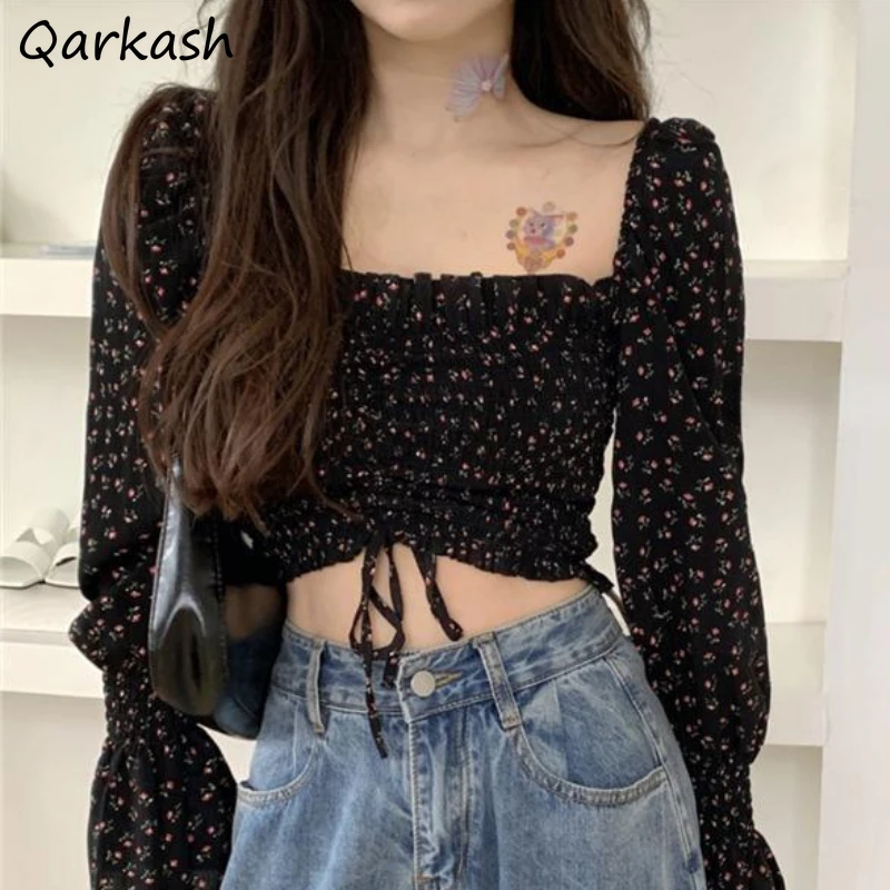Kvetinové blúzky Ženy francúzsky štýl Vintage štíhle plodiny Tops