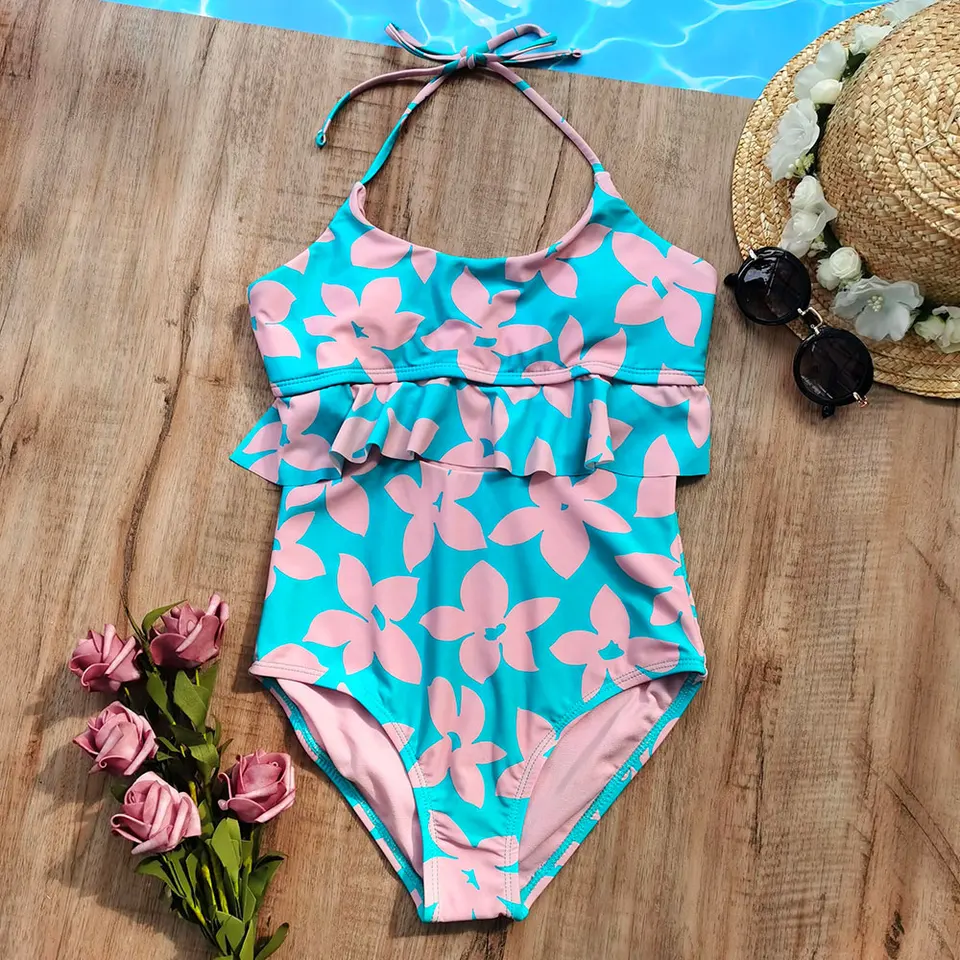 Kvetinové dievčatá jeden kus plaviek Kids 7-14 rokov Detské plavky Ruffing Plauning Suit Monokini Halter Top Swim Beachwear 2023