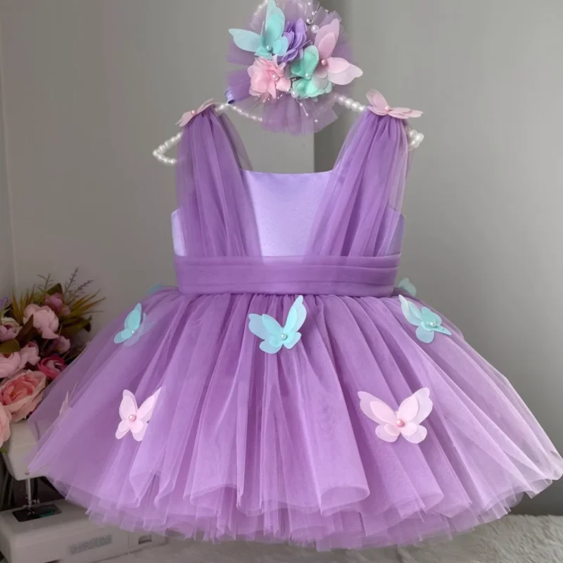 Kvetinové dievčatá šaty Purple Tulle Farebný motýľ s lukom na svadobnú hostinu narodeniny sväté prijímanie plášťov