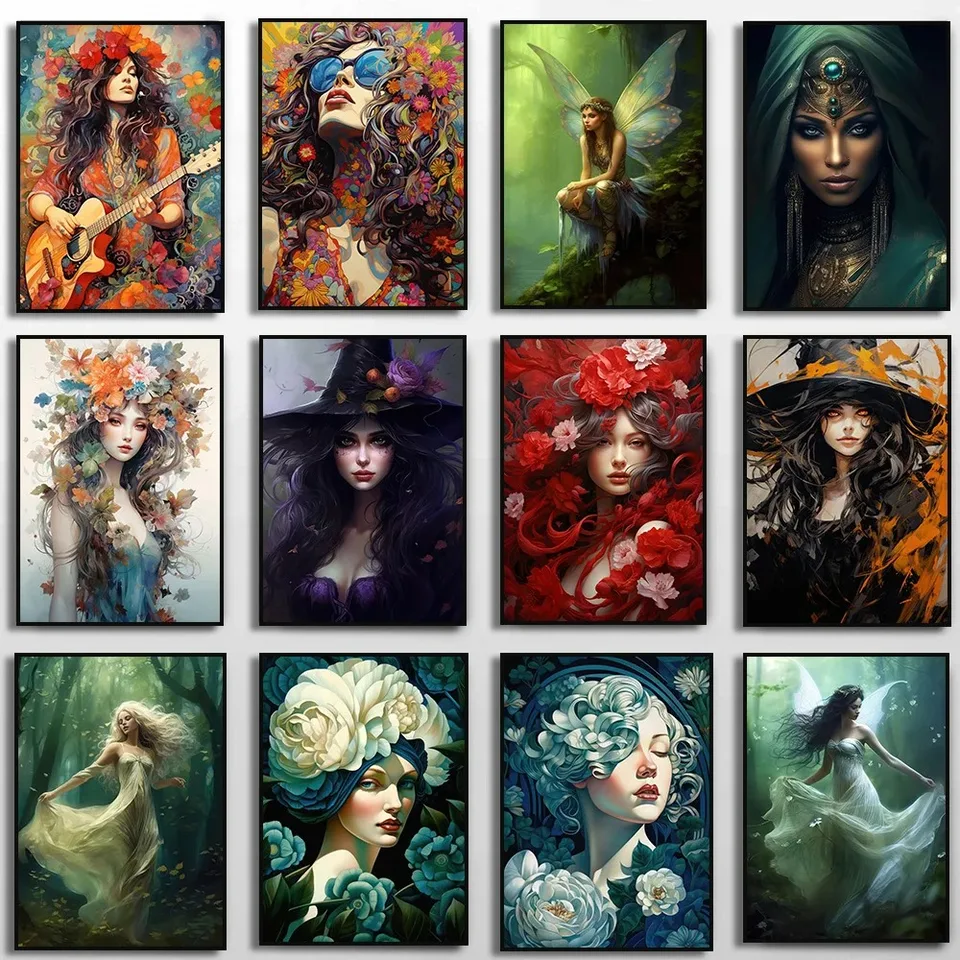 Kvetinové klobúky Fantasy lesné rozprávkové plátno maľba moderné čarodejnice kvety Žena plagát výtlačky nástenné umenie pre obývaciu izbu domov dekor