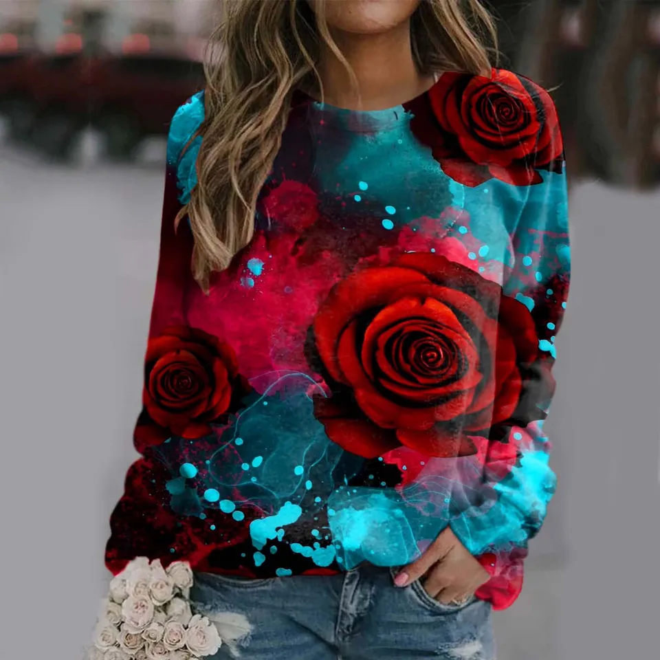 Kvetinové kvetinové mikiny ruže 3D tlač ženy O-NECK Y2K Hoodies Streetwear Striedwear Striešky nadmerné pulvovery dievčenské vrcholy Ženské oblečenie