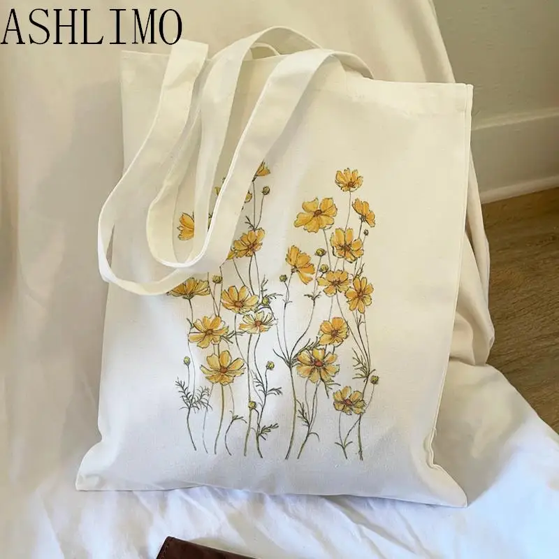 Kvetinové plátno nákupné tašky Totebag tašky na ramená pre ženy kvety Daisy levanduľa ružová záhrada Eco opätovne použiteľná roztomilá škola tote taška