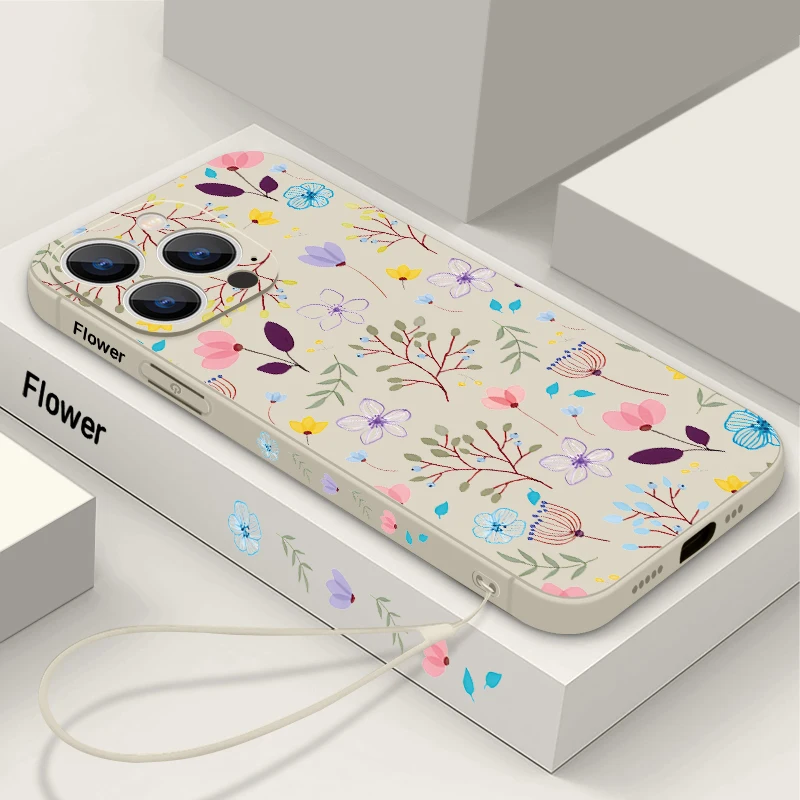 Kvetinové puzdro pre iPhone 16 14 15 Pro MAX 13 12 Pro 11 pre magnetický bezdrôtový náboj kvapalina kvapalina Silikone Lanyard Phone Cover