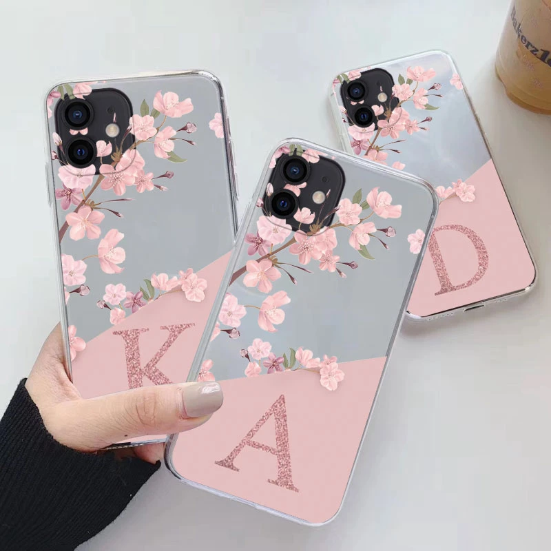 Kvetinové písmeno pre iPhone 11 Pro Max Capa Clear Soft Silikone Covers pre iPhone 11Pro Max Fundas Abeceda Transparentné vrecká