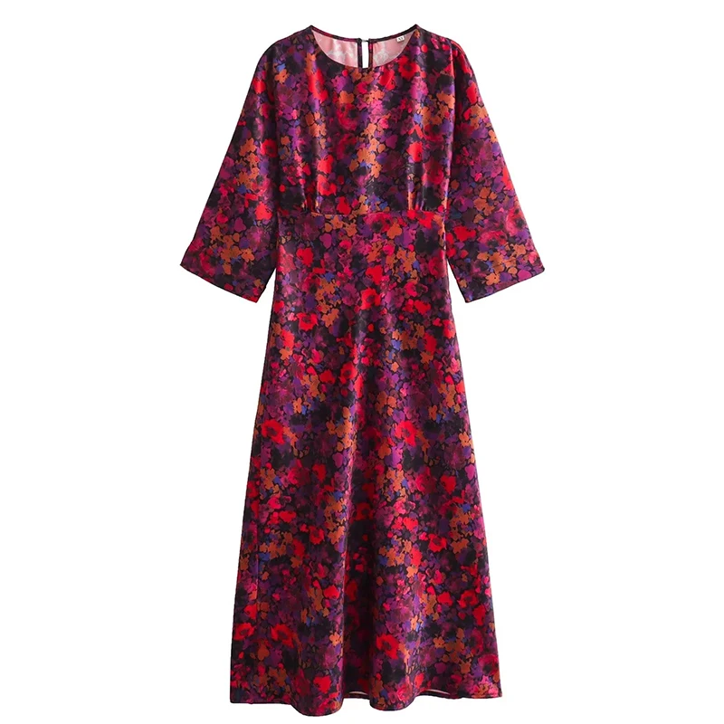 Kvetinové tlačiarenské rukávy šaty Vysoký pás Summer Elegantné ženy Lady Vintage Streetwear A-Line Chic Dlhé šaty Jesenné oblečenie