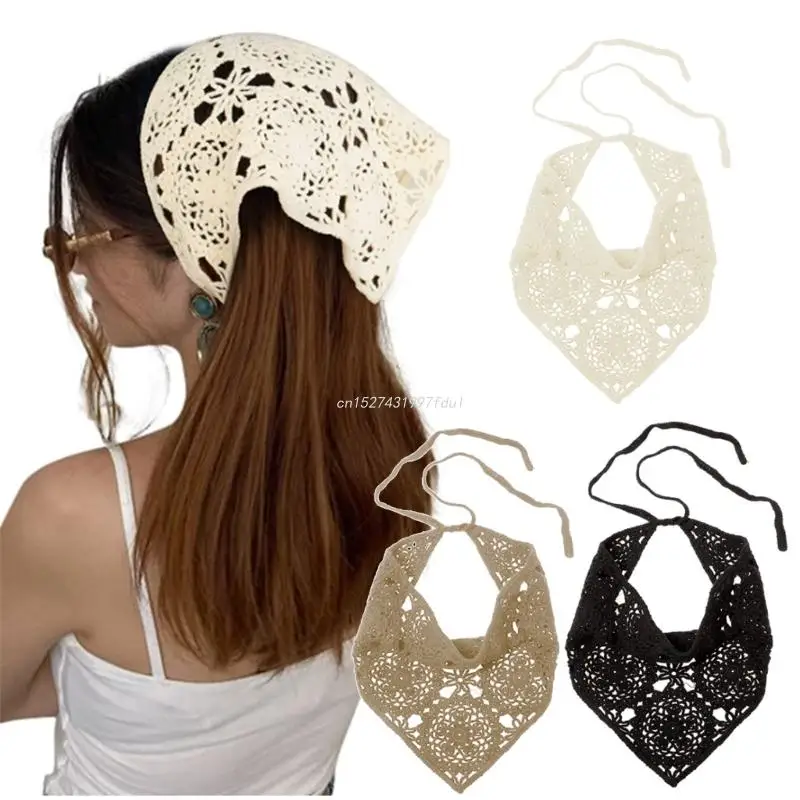 Kvetinové vlasy pletené hlava Kerchief Ženy Bandana Ručne vyrobené háčkované vlasy šál trojuholníkové čelenky s kravatami