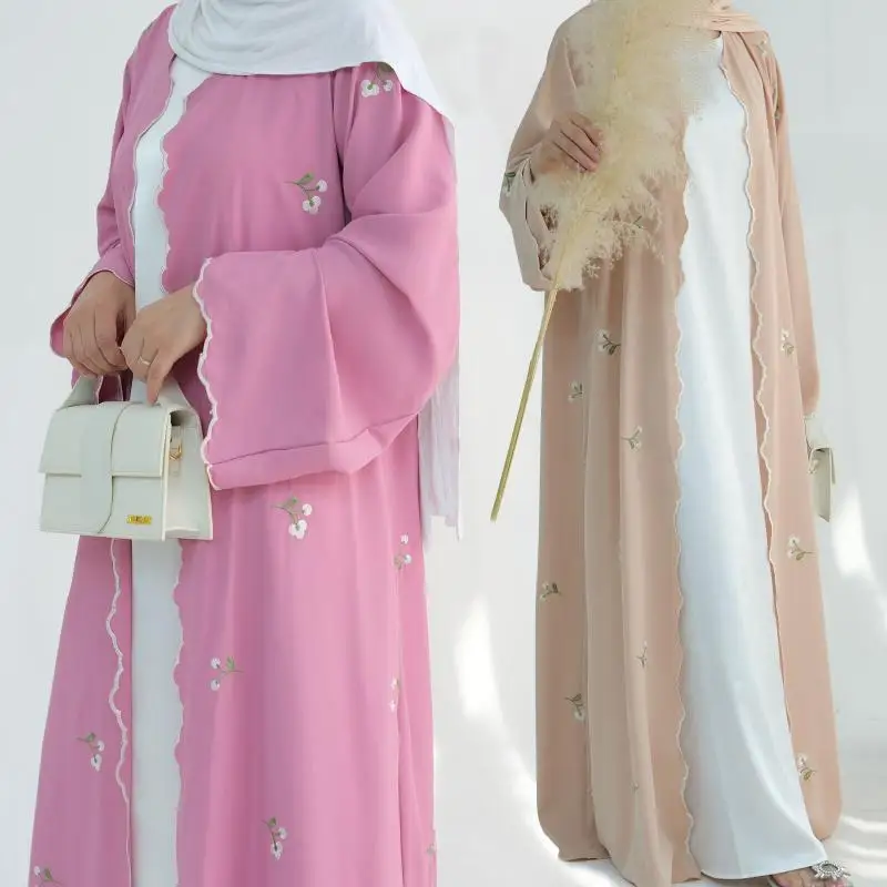 Kvetinové šaty s dlhým rukávom pre ženy moslim Eid abaya dubaj Turecko Mardigan islamský módny rúž na Blízky východ