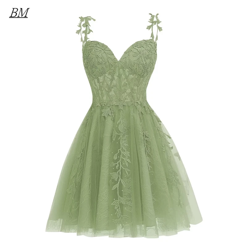 Kvetinové špagety popruhy čipky Olive Short Homecoming Chayses Crystal Beads Mini koktail prom promócie Pardiutujte šaty BM385
