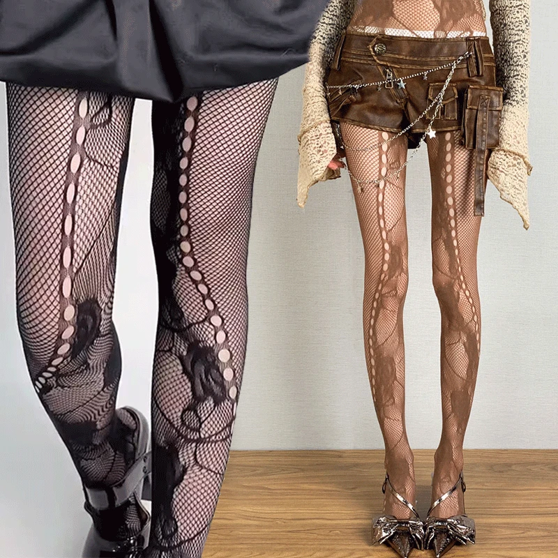 Kvetinové žaky sexy pančuchy Ženy gotický punk čierna ružová farba dutina z rybárskeho siete pančuchy sladké dievčatá lolita sieť