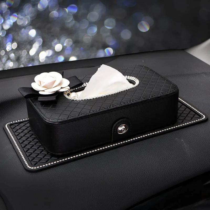 Kvetinový kamienok automobilový držiak na tkanivové skrinky Automatické sedadlo hlavy hlavy visiace tkanivové puzdro Organizátor Crystal Car Styling Príslušenstvo