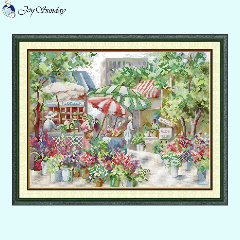 Kvetinový trh Joy Sunday Cross Stitch Kit 14ct White 16 11Ct Tlačená látka Ci Stitch Sit