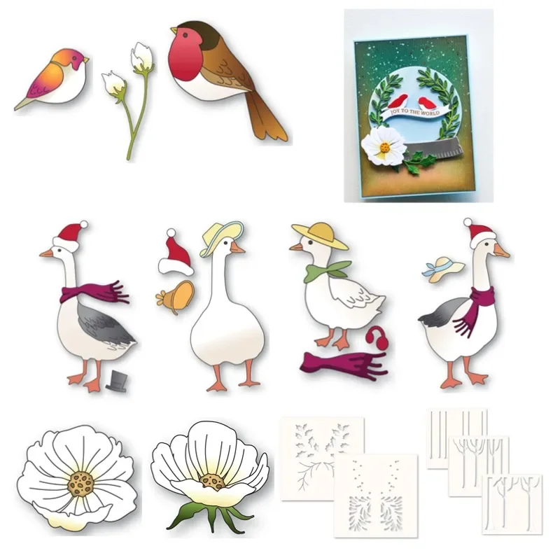 Kvety kvety sasanka husa elegantné vtáky holly vetvy strom kovové rezanie zomiera silikónová pečiatka scrapbooking